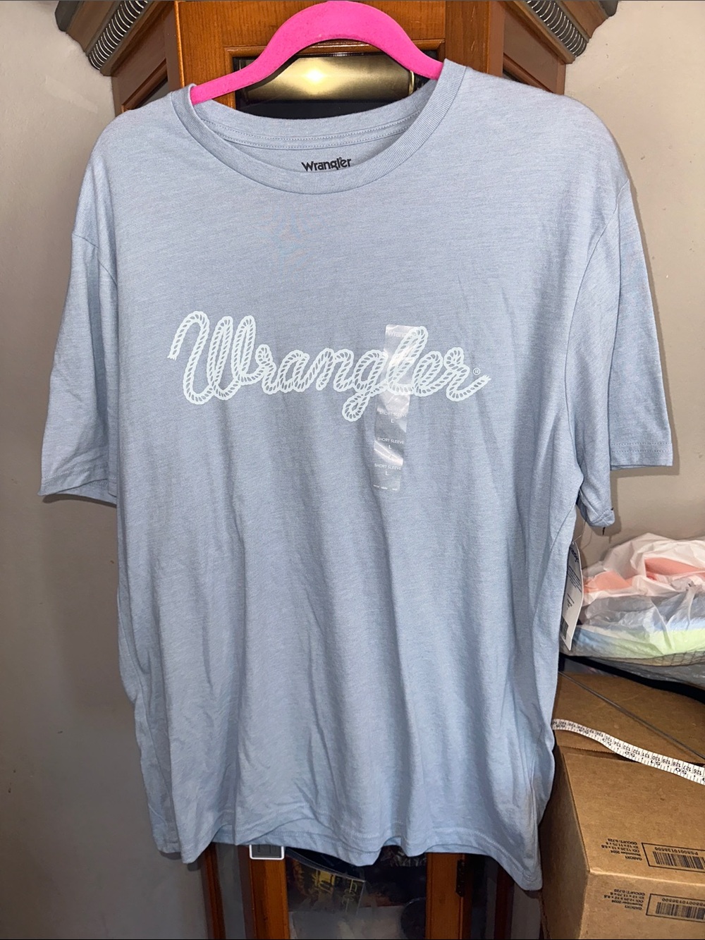 Wrangler Light Blue Short Sleeve Tee with White Script Logo